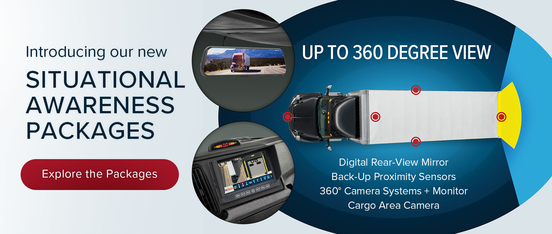 Introducing our new situational awareness packages: digital rear-view mirror, back-up proximity sensors, 360 degree camera with monitor, cargo area camera