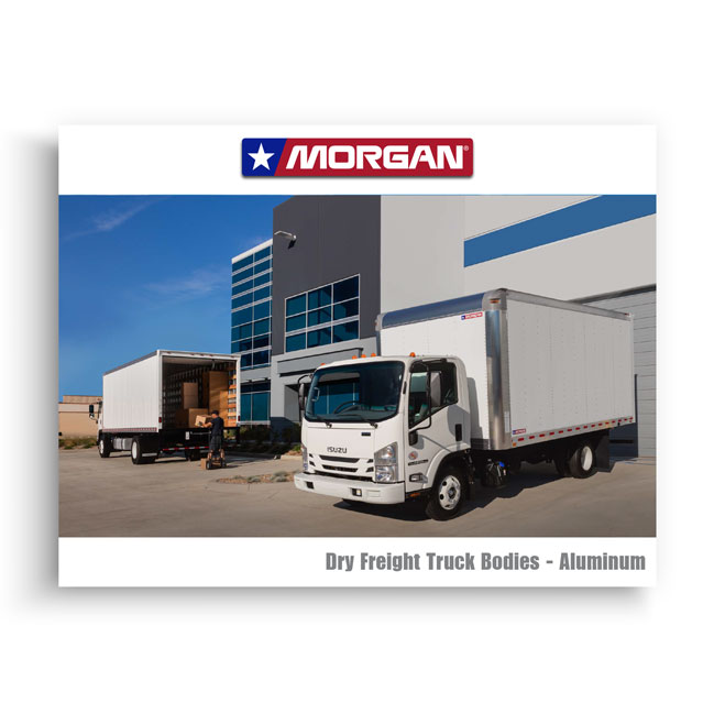 Morgan dry freight aluminum truck body brochure showing a box truck and cargo loading scene
