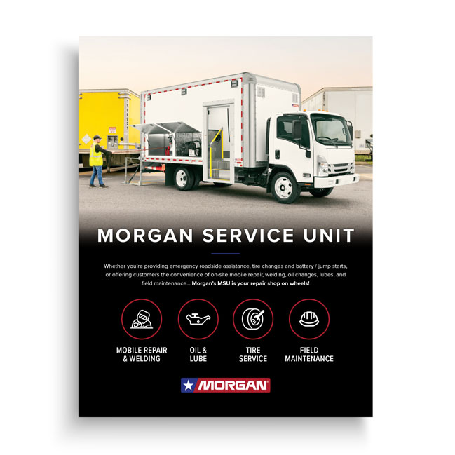 Morgan service unit truck with mobile repair equipment and open side access compartments