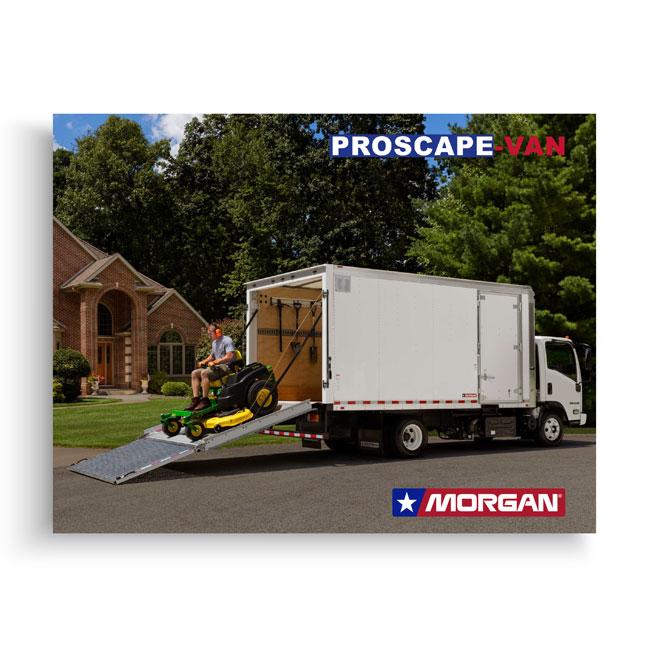 Morgan Proscape Van truck body with rear ramp unloading lawn equipment in residential setting
