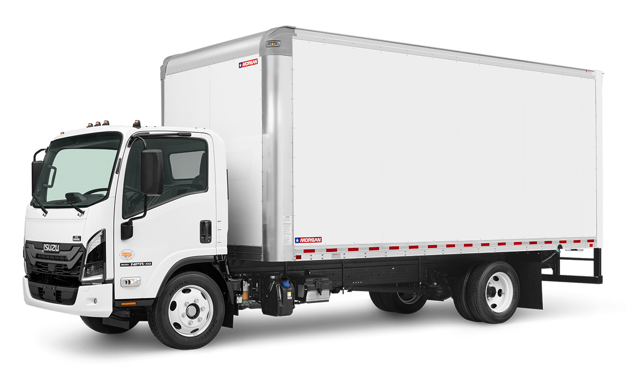 Vue avant 3/4 de la carrosserie Morgan Truck Body montrant la paroi latérale MorganBond avec ses joints sans rivets et son design extérieur épuré.