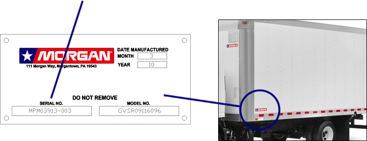 Emplacement de la plaque du numéro de série hérité de carrosserie sur le camion Morgan Canada Corporation