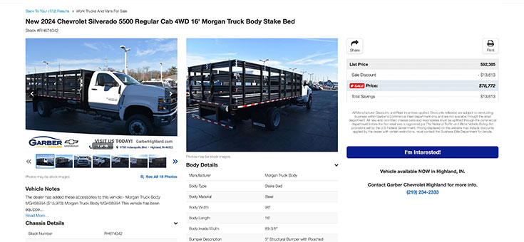 Online Inventory search form displaying various truck bodies that are already mounted and ready for delivery.
