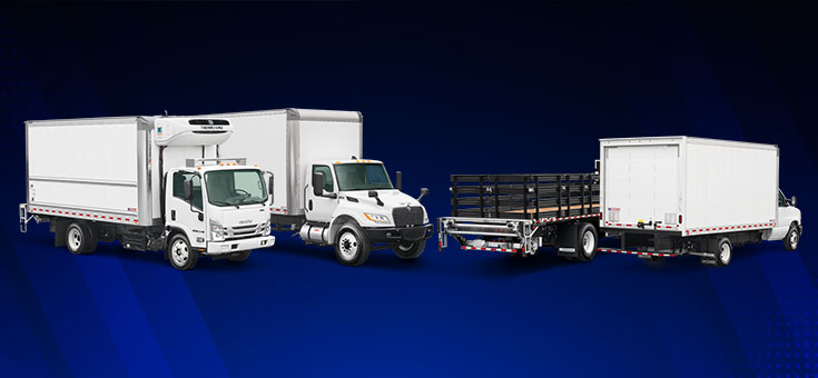 Group photo of large dry freight, refrigerated, stake body and a smaller dry freight truck on a blue background.